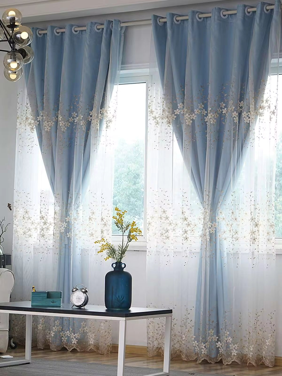 Flower Embroidery Single Panel Curtain, Double Layer Polyester Textured Blackout Curtain For Bedroom And Living Room, All Season
