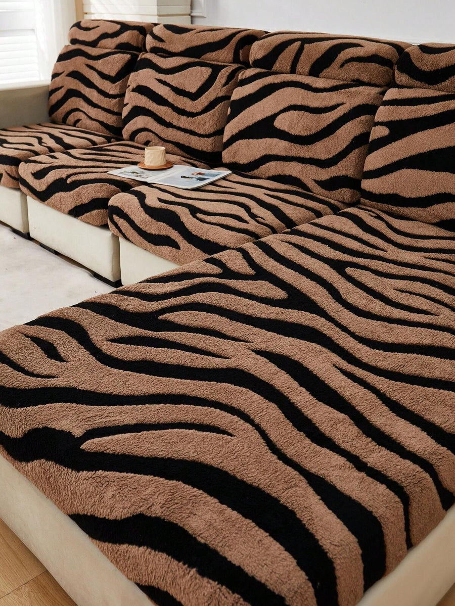 1pc Soft Plush Fabric Pet Proof Sofa Seat Cover, Zebra Pattern, Multi-Color, Thick Jacquard Plush Fabric, Suitable For Sofa Backs/1/2/3/4/Chaise Lounge In Autumn/Winter