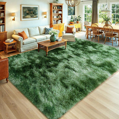 Ivory Fluffy Shag Rug For Bedroom, Soft Plush Shaggy Area Rug For Living Room, Modern Cozy Carpet, Non-Slip Backing, Bonus 4 Rug Grippers Included, Dorm Home Decor, Sizes 4x6 5x7 6x9 8x10 9x12, Tie-Dye Green