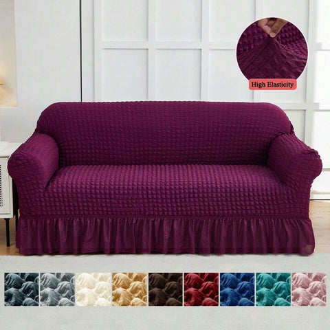 XM-Mirelitho 1pc Pet Friendly Bubble Waffle Stretch Sofa Slipcover With Ruffle Skirt Anti-Slip Full Wrap Couch Cover Machine Washable Universal Furniture Protector For 1/2/3/4 Seater Old Sofa Living Room Makeover