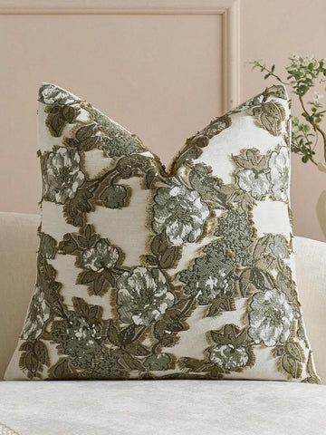Neutral Floral Jacquard Throw Pillow Cover, Vintage Frayed Edge Farmhouse Cushion Case, Boho Textured Decorative Pillow For Living Room Bedroom Couch Home Decor