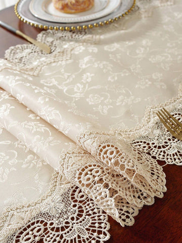 100% Polyester Table Runner And Placemat, Exquisite Water-Soluble Embroidered Hollow Lace, Home Kitchen Decor, Indoor/Outdoor Party Wedding Holiday Decoration, 1pc Table Runner
