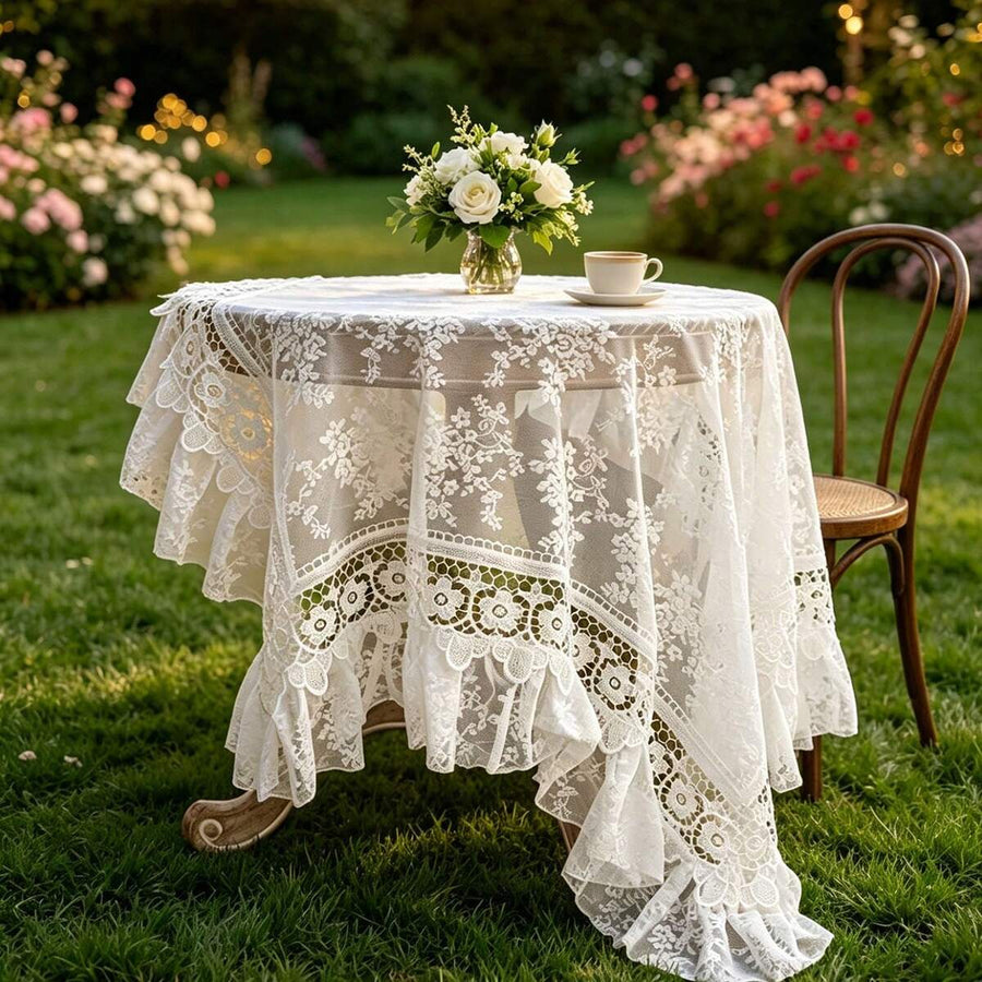 1pc Lace Embroidered Tablecloth, Scalloped Hem Decoration, Polyester Fabric, Floral Embroidery Pattern Tablecloth, Rectangular Square Tablecloth, Suitable For Dining Room Living Room Tabletop Decoration
