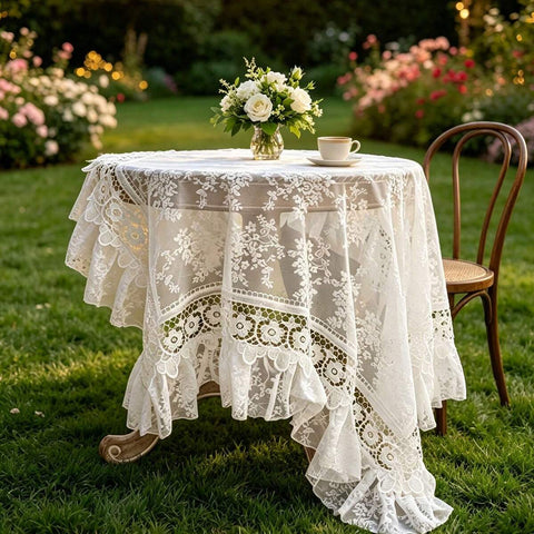 1pc Lace Embroidered Tablecloth, Scalloped Hem Decoration, Polyester Fabric, Floral Embroidery Pattern Tablecloth, Rectangular Square Tablecloth, Suitable For Dining Room Living Room Tabletop Decoration